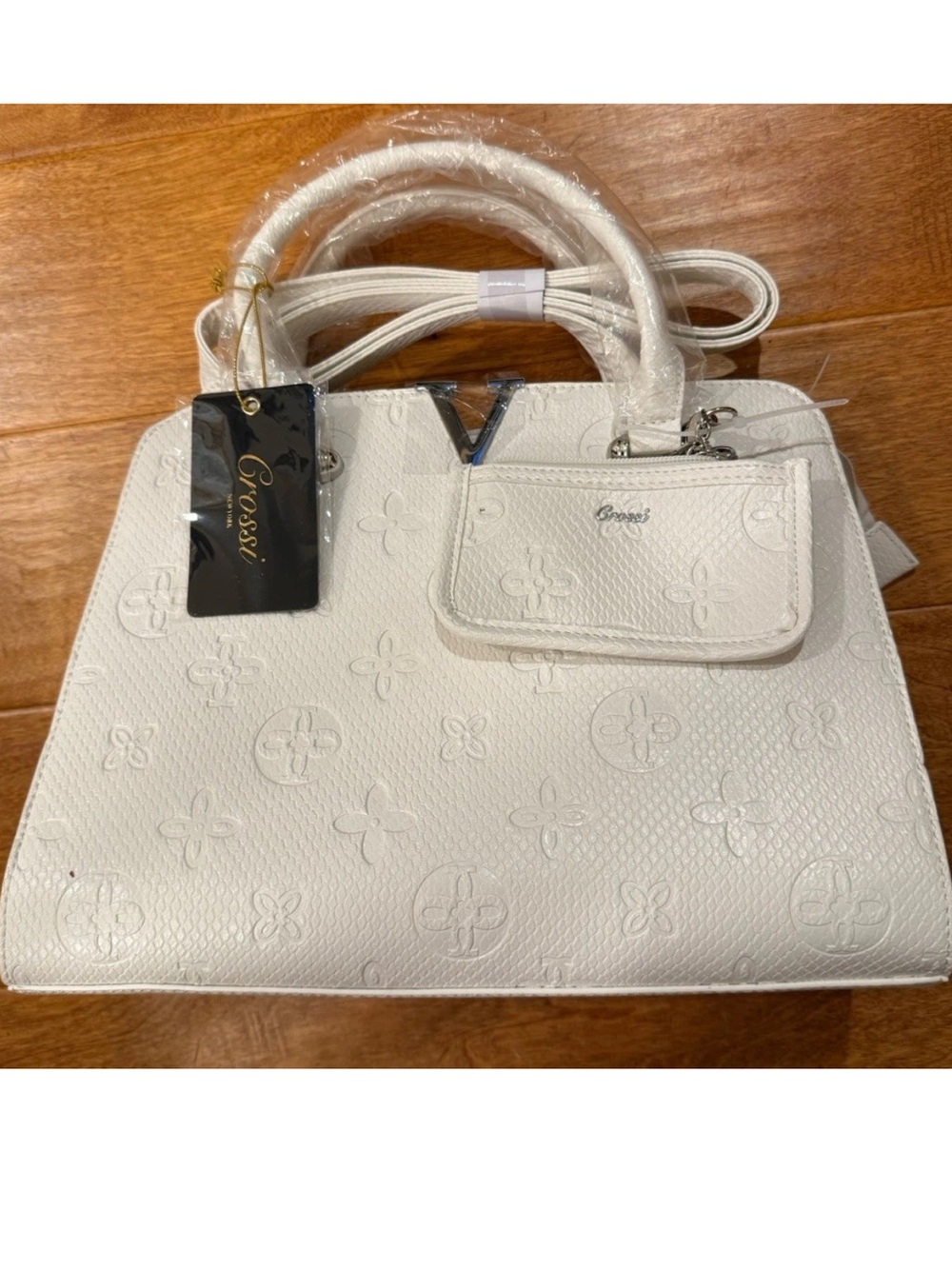 Satchel White Logos Top Handle Zip Bag Detachable Strap White 12”x9” NWT